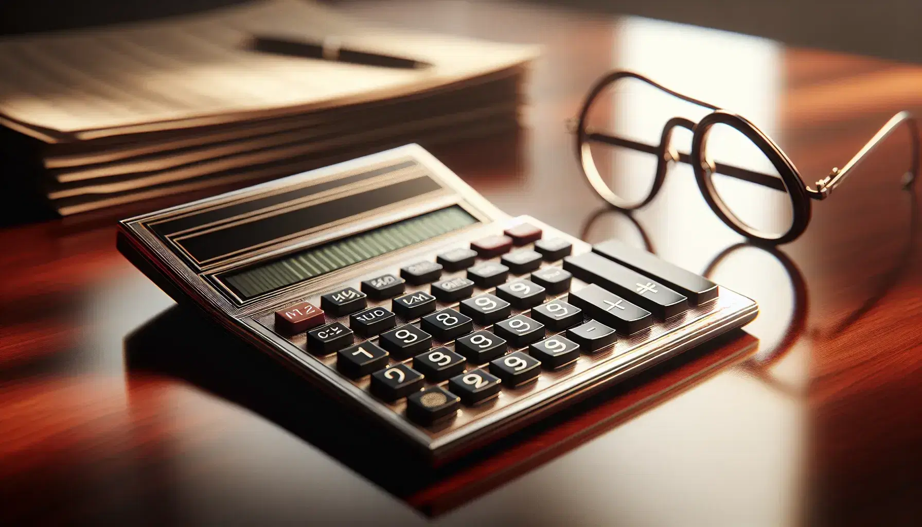 Close-up view of a professional calculator on a mahogany desk next to silver reading glasses, with blurred financial reports in the background.