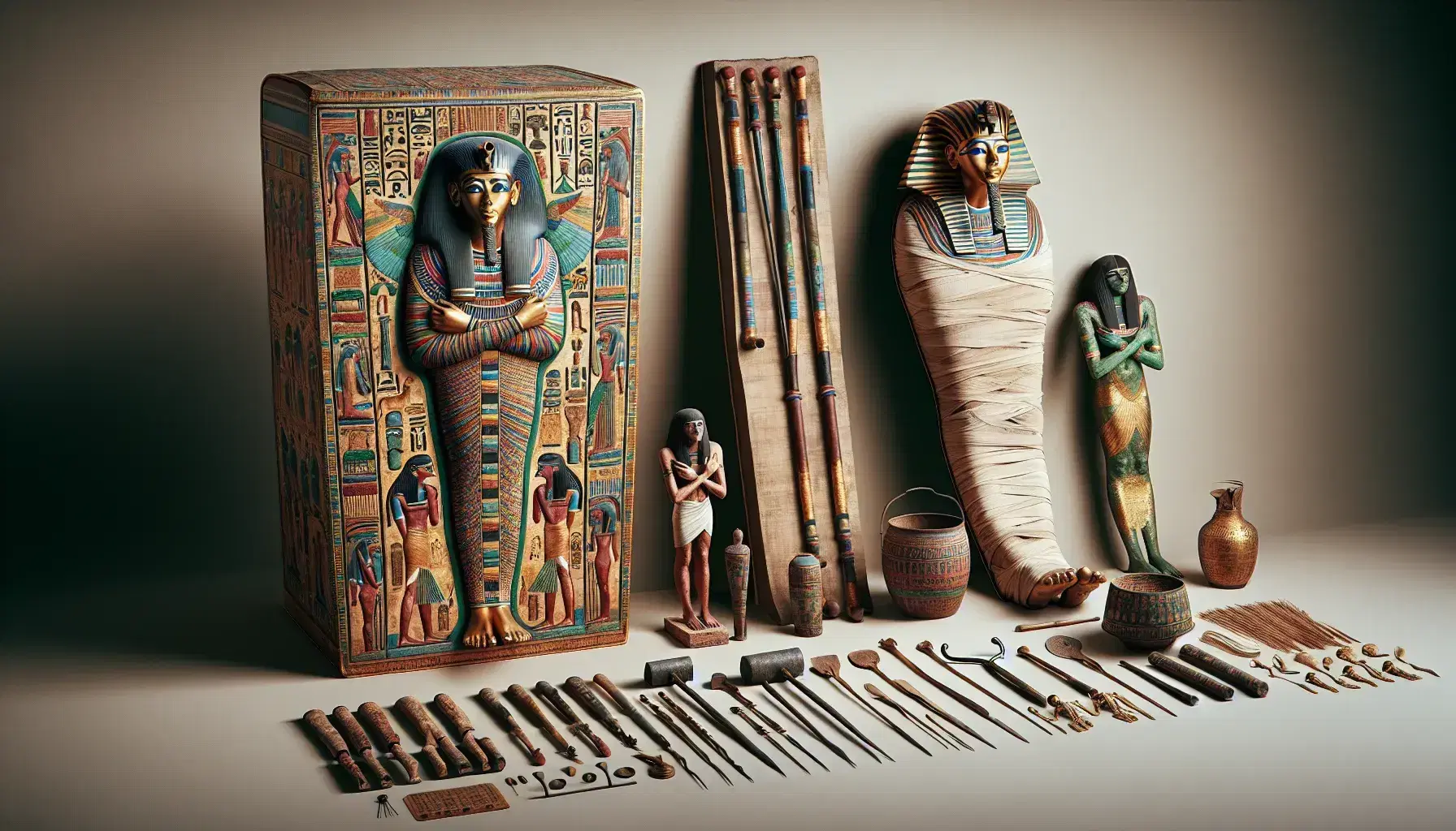Collection of ancient Egyptian artifacts with painted sarcophagus, mummy replica, bronze tools and deity figurines on neutral background.