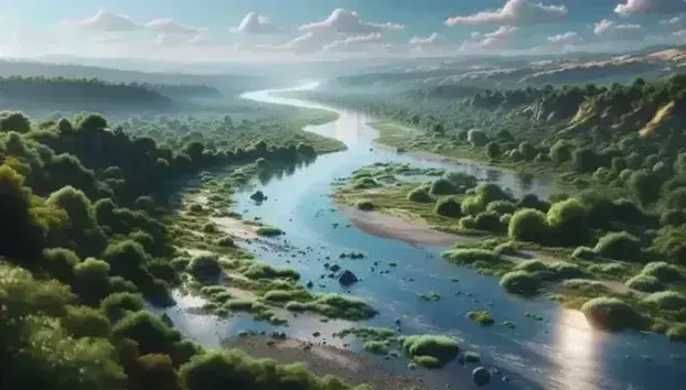 Río serpenteante fluyendo entre vegetación frondosa y colinas suaves bajo un cielo azul con nubes dispersas, reflejando la luz del sol sin señales de actividad humana.