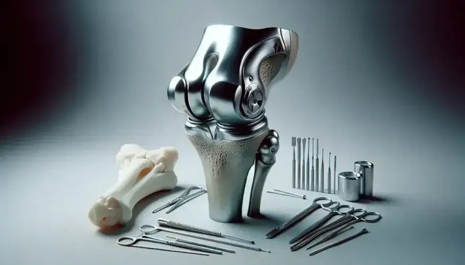 Prótesis de rodilla metálica con secciones articuladas y hueso humano representativo al lado, sobre fondo gris y herramientas quirúrgicas en segundo plano.