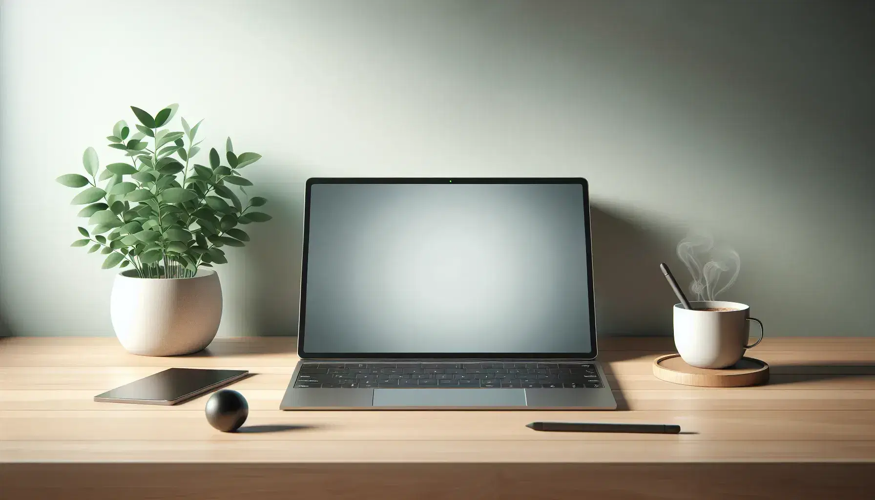 Modern workspace with laptop, tablet with stylus, green plant, cup of coffee and turned off monitor on light wooden desk.