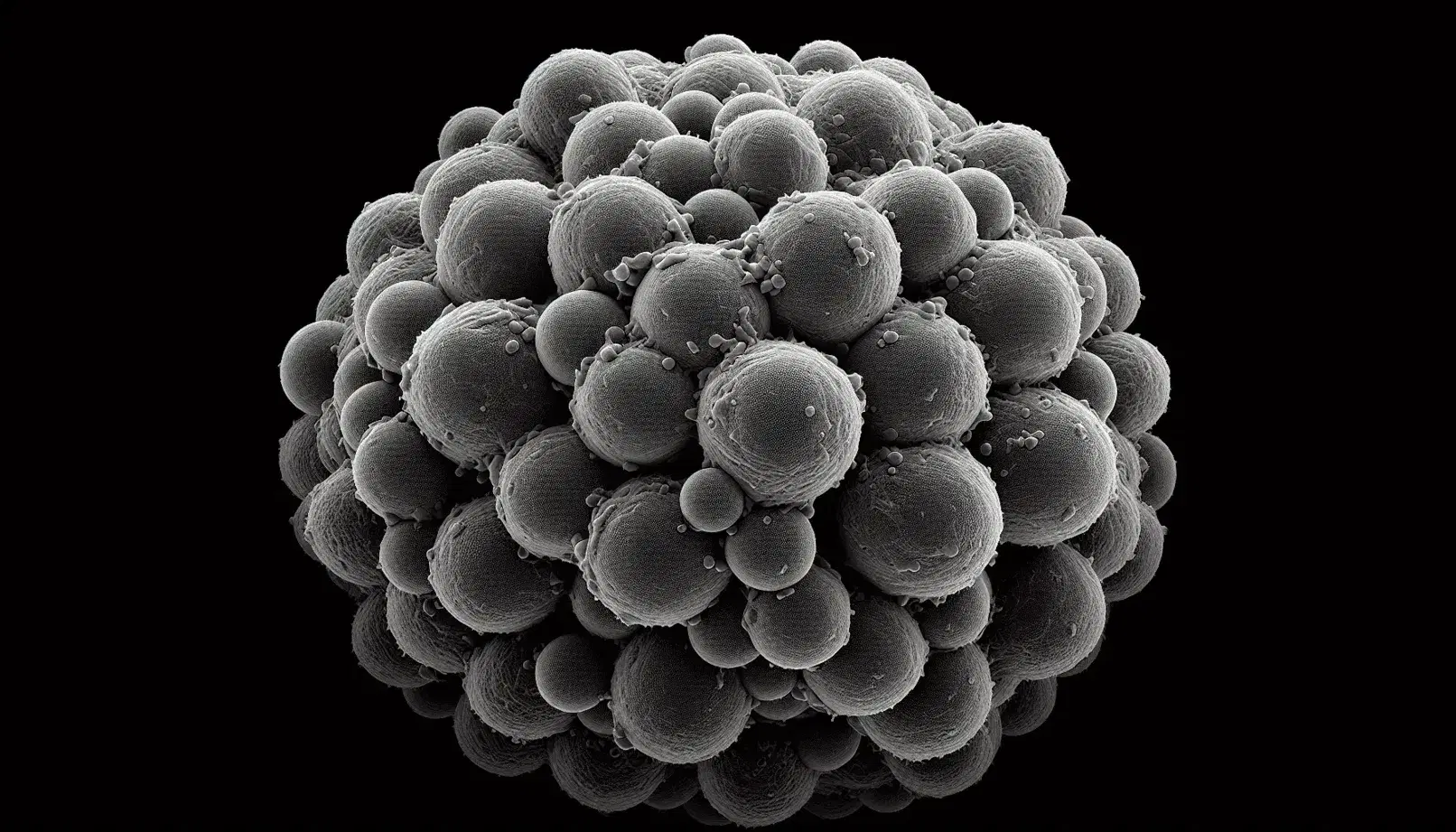 Microscopía electrónica de barrido muestra agrupación de células esféricas en proceso de división con superficies irregulares, en tonos grises sobre fondo oscuro.