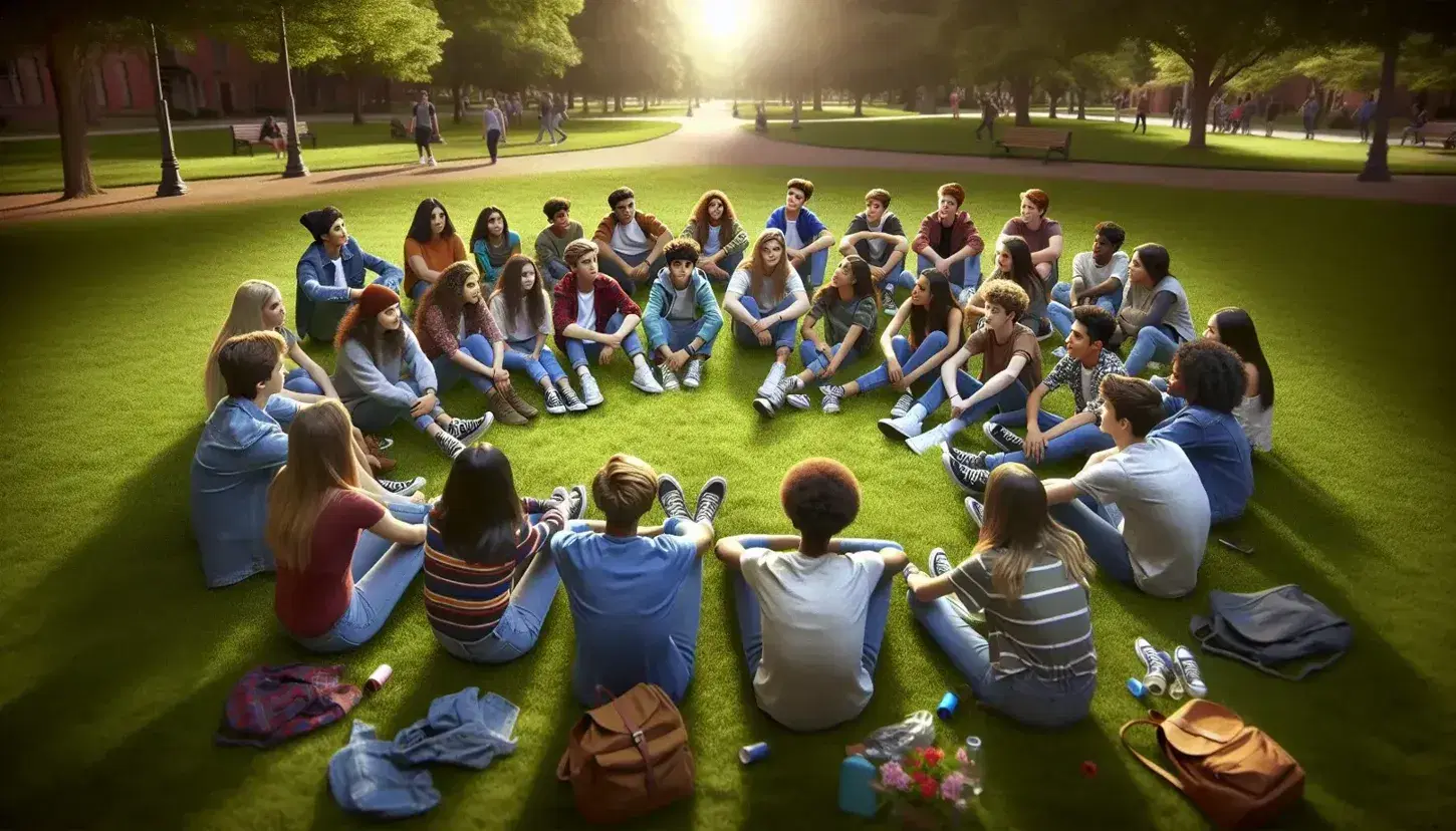 Group of multi-ethnic teenagers sitting in a circle on grass in park, conversing with smiles and serious expressions, natural background with trees.