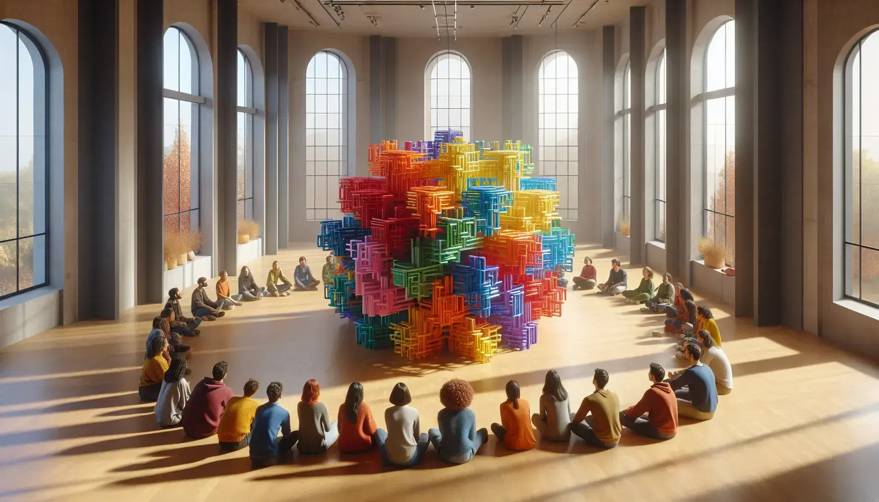 Grupo diverso de personas sentadas en círculo alrededor de una estructura colorida de bloques de construcción en una sala iluminada naturalmente.