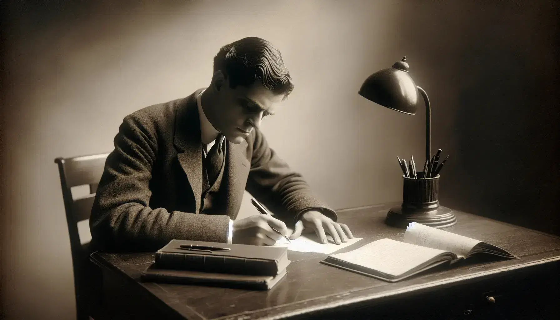 Vintage photo of a focused man in a suit writing with a fountain pen at a desk, with an open book, lamp, and cup of pens nearby, evoking a studious atmosphere.