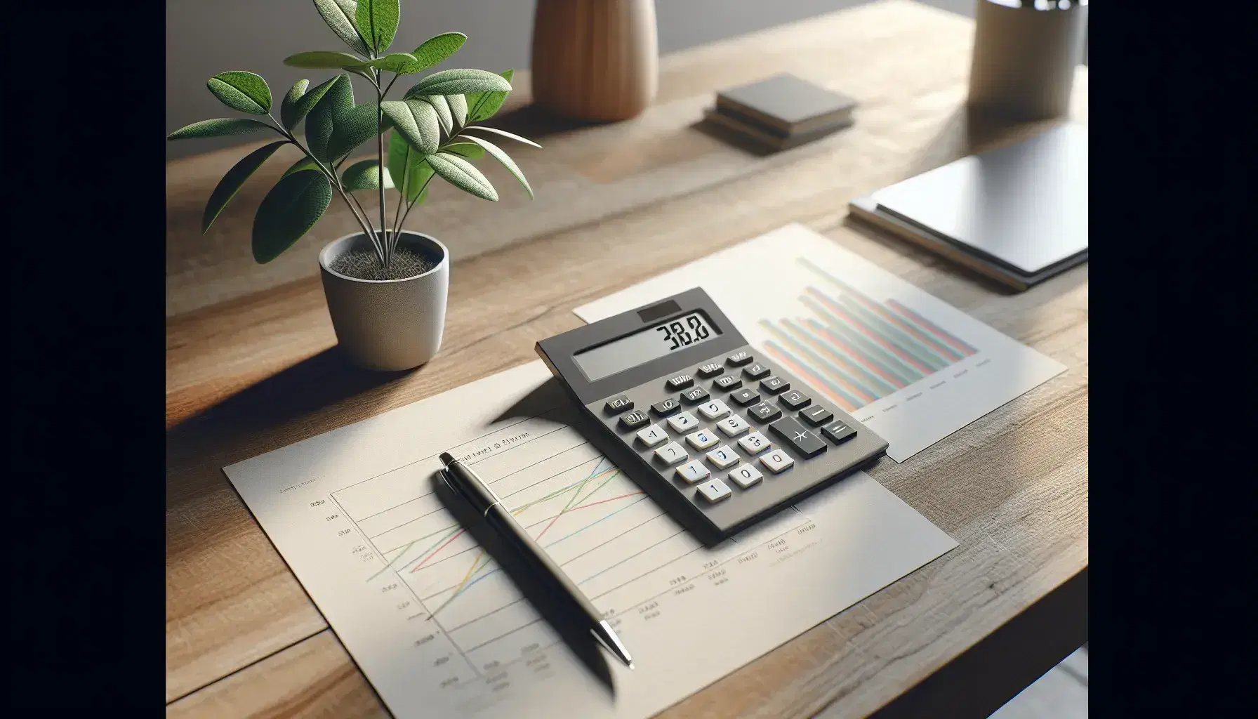 Escritorio de madera con calculadora moderna, gráficos coloridos y bolígrafo negro, junto a planta de interior en maceta blanca bajo luz natural.