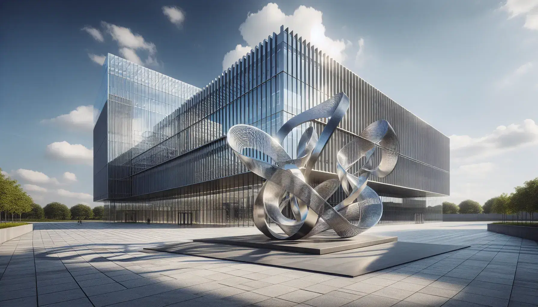 Fachada de edificio moderno con reflejo del cielo azul en vidrios y escultura metálica abstracta en primer plano sobre suelo de baldosas grises.