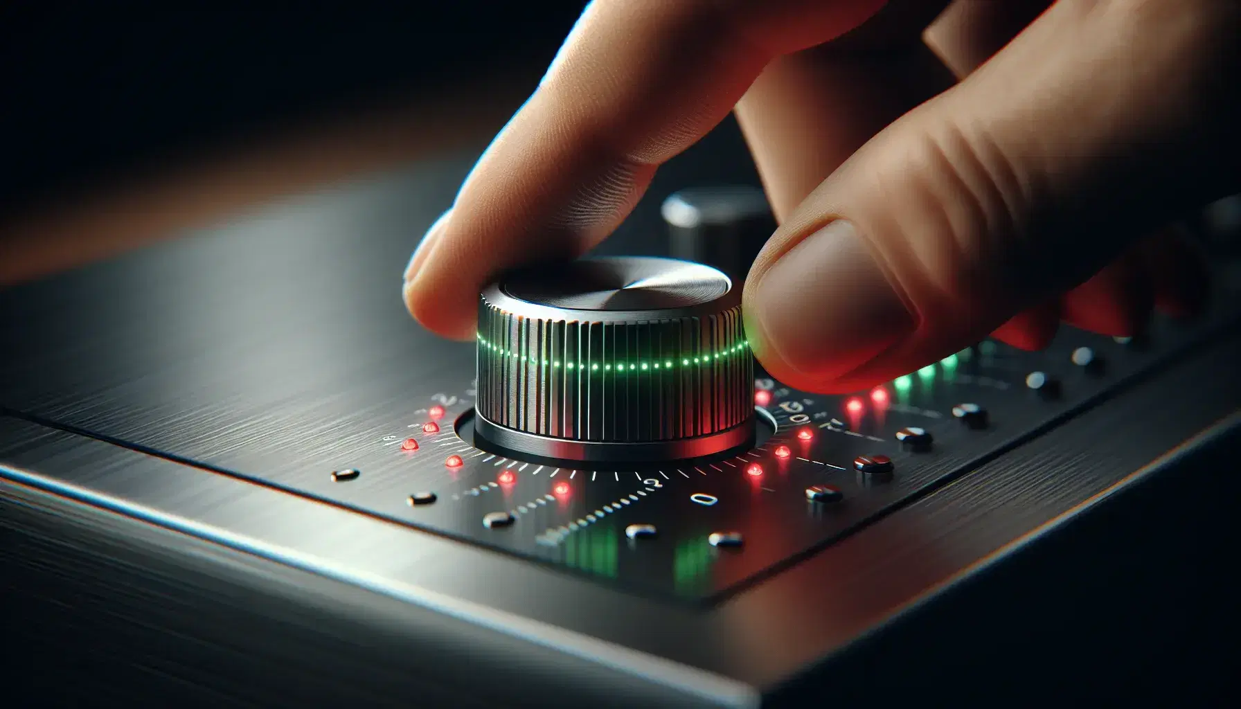 Close-up of a hand adjusting a metal knob on audio equipment with green to red LEDs indicating intensity.