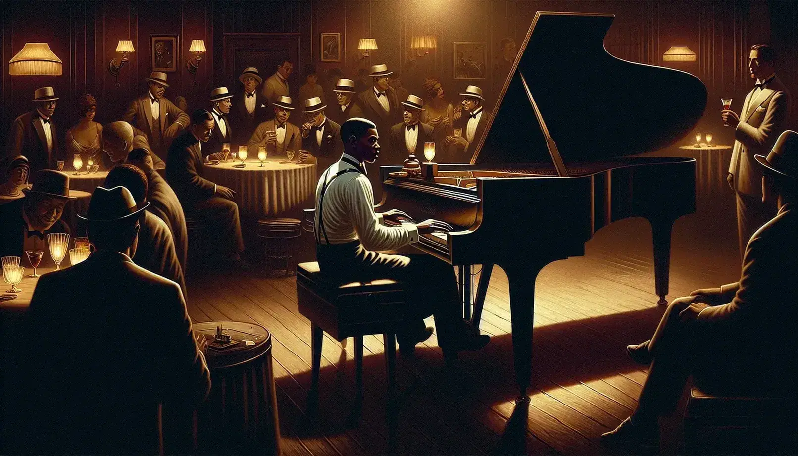 Harlem Renaissance jazz club scene with a focused pianist playing a grand piano, audience in 1920s attire enjoying the intimate ambiance.