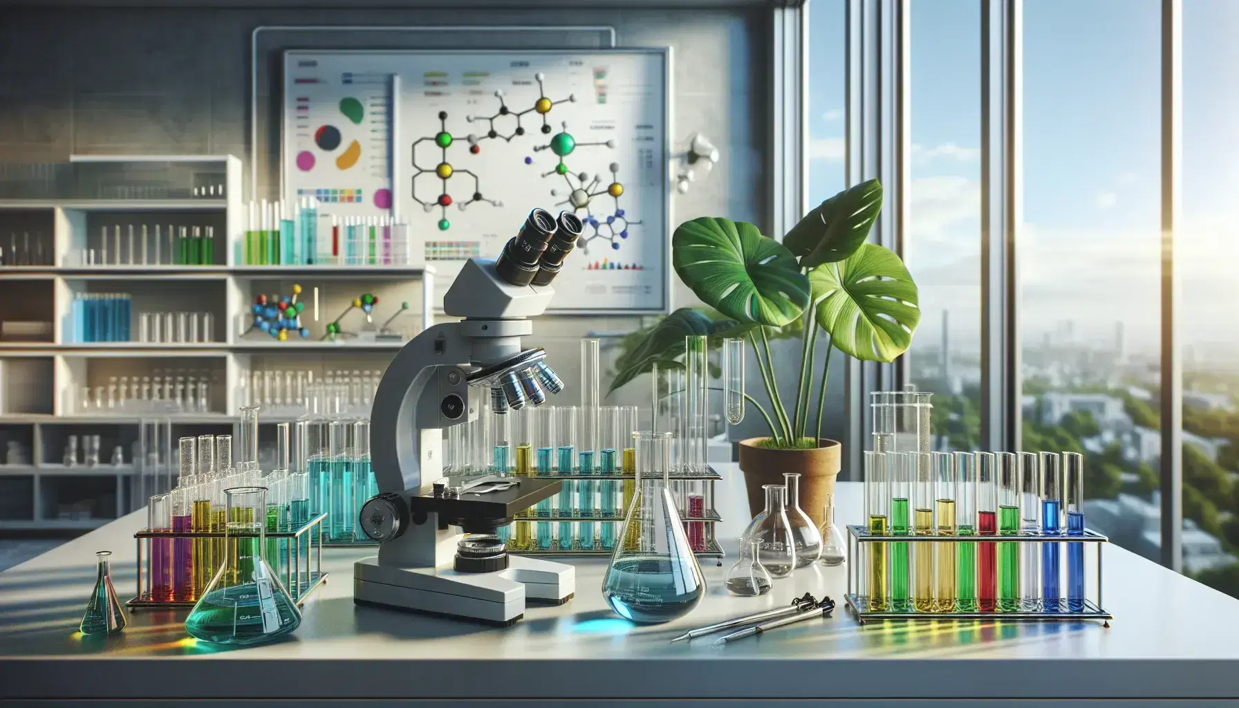 Laboratorio científico moderno con mesa de trabajo, tubos de ensayo de colores, microscopio metálico y planta verde, con un investigador analizando datos en un monitor.