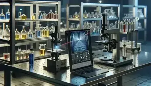 Laboratorio di fisica moderno con microscopio elettronico collegato a laptop, scaffali con contenitori colorati e esperimento di interferenza laser.