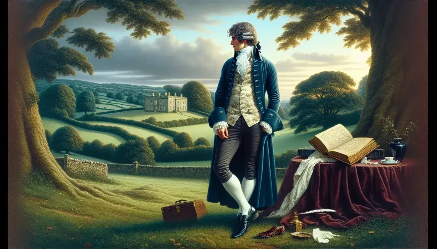 18th-century gentleman in blue coat gazes at English countryside with manor, oak trees, and sunset sky, book and quill on ground.