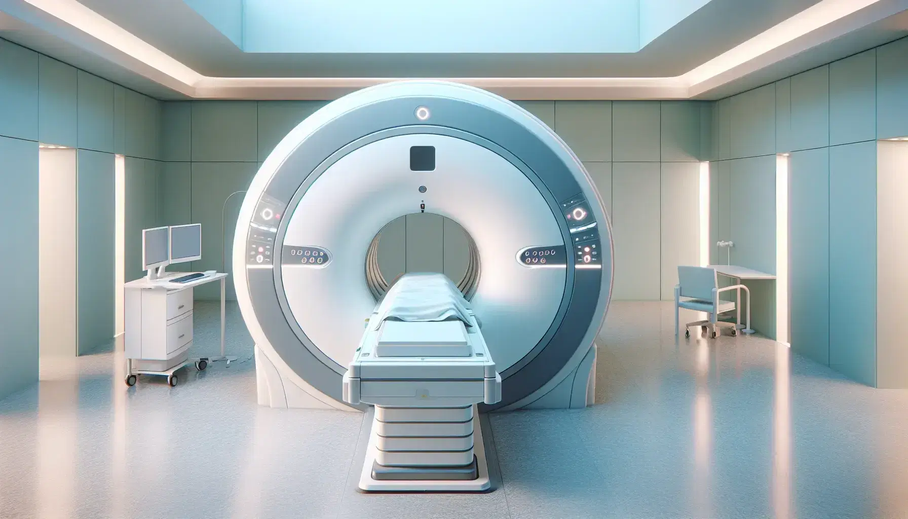 Modern MRI machine in a clinical environment with patient table, computer station and operator in lab coat.