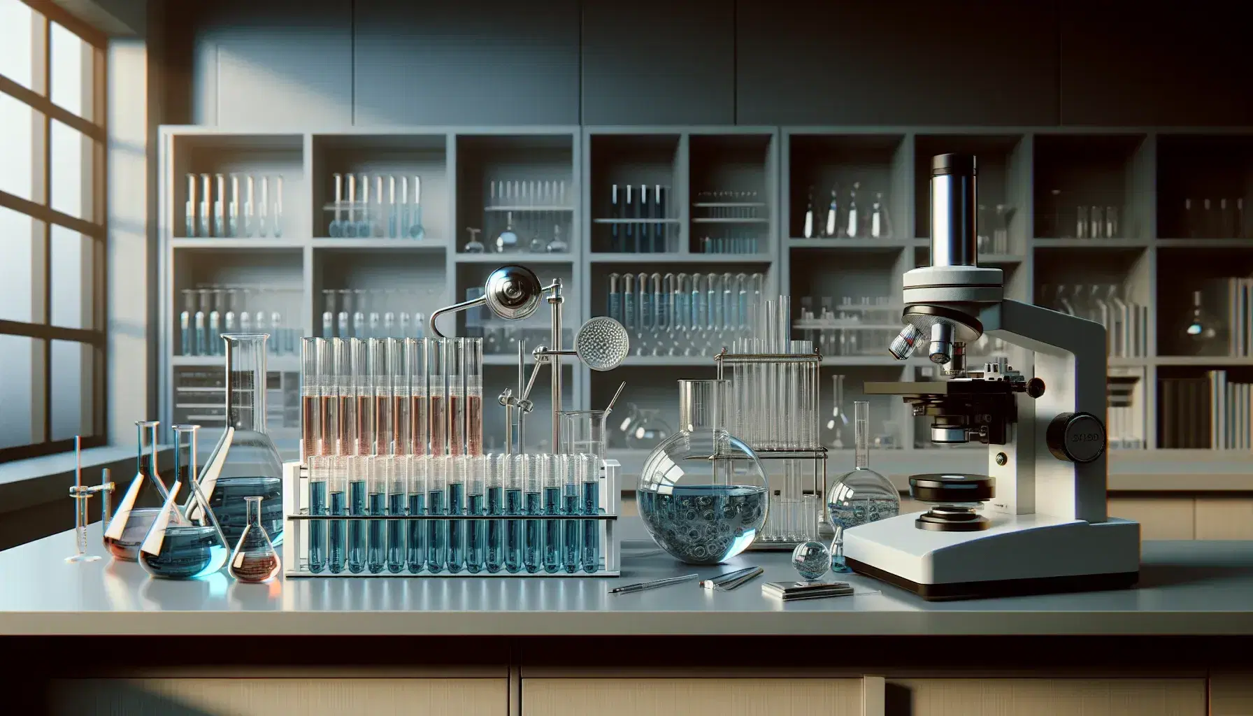 Laboratorio scientifico con bilancia analitica, microscopio moderno, provette con liquidi blu e attrezzature di vetro su scaffali.