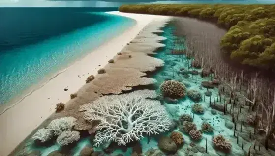 Coastal scene with bleached coral reef, colorful fish, dead vegetation on the beach and eroded trees in the distance under a partly cloudy sky.