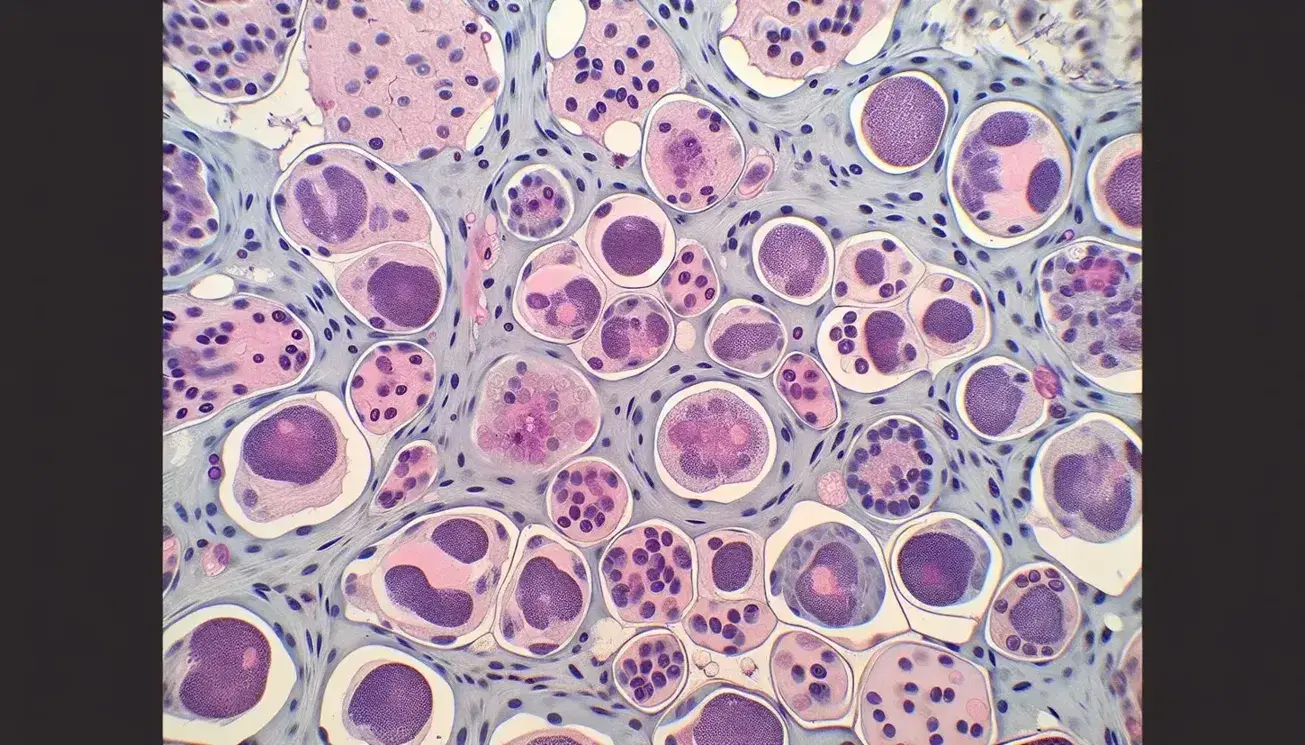 Vista microscópica de tejido humano con células redondeadas y óvalos, núcleos púrpura oscuro y citoplasma claro, sin texto.