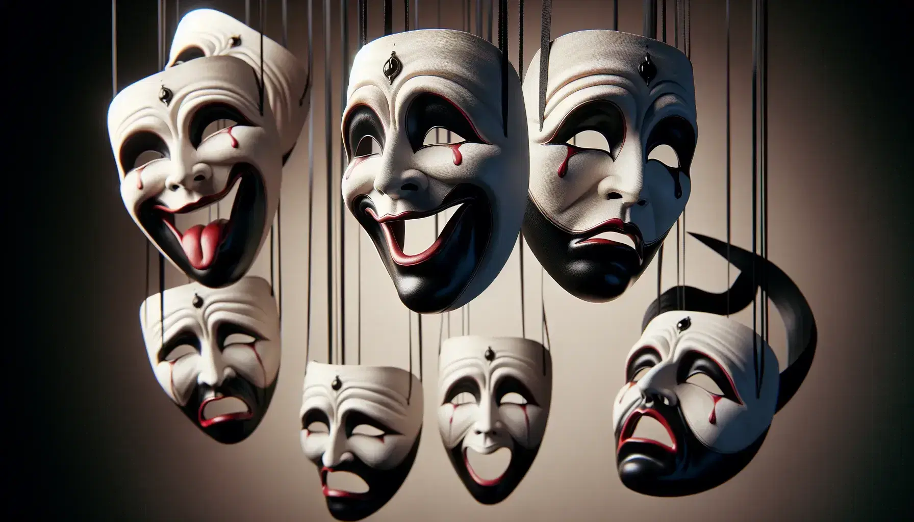 Máscaras teatrales clásicas de comedia y tragedia con expresiones exageradas, colgadas por cintas negras sobre fondo neutro.
