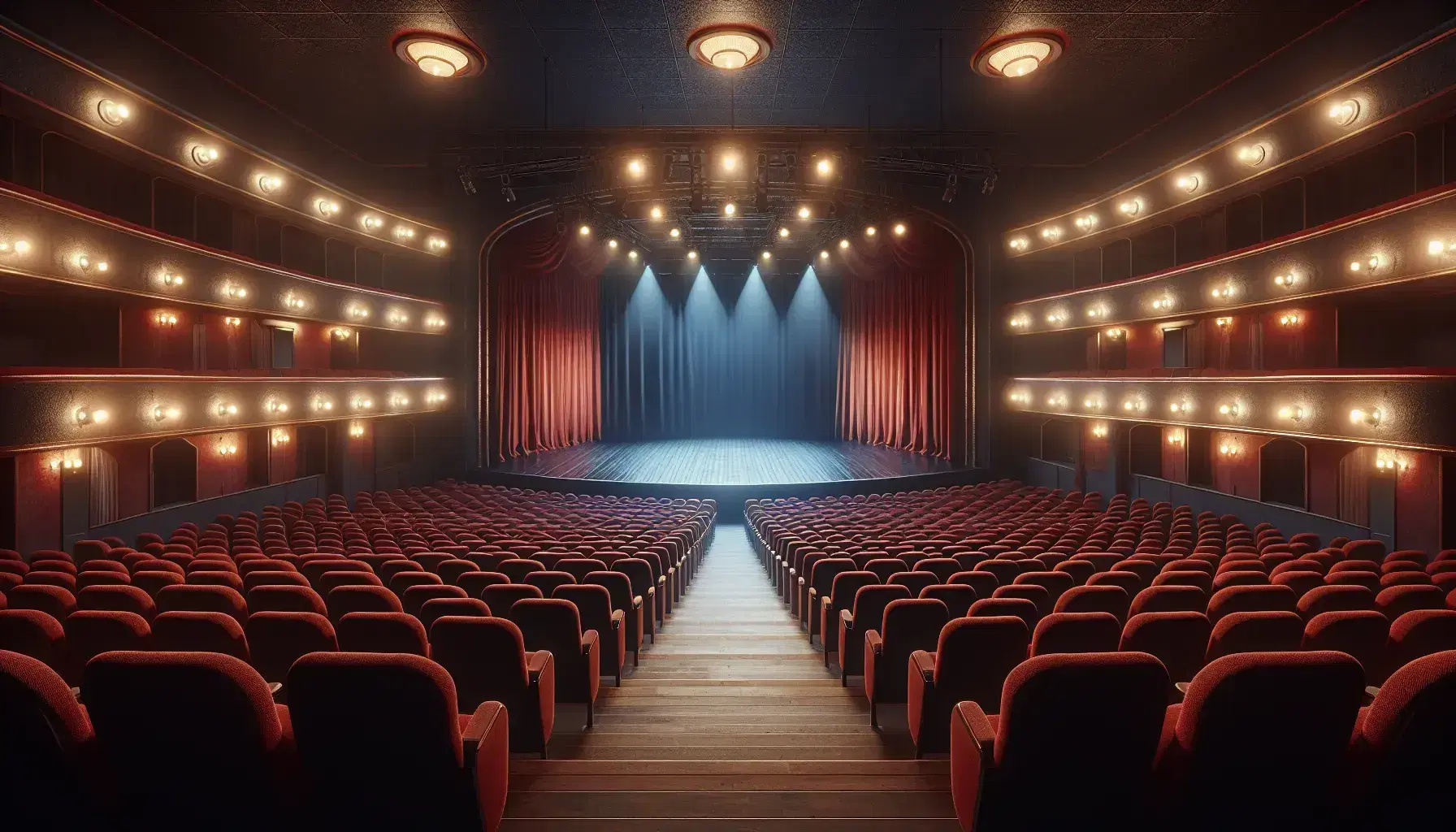 Escenario teatral vacío con asientos de terciopelo rojo y un pasillo central, iluminado por luces cálidas y con telón azul oscuro al fondo.