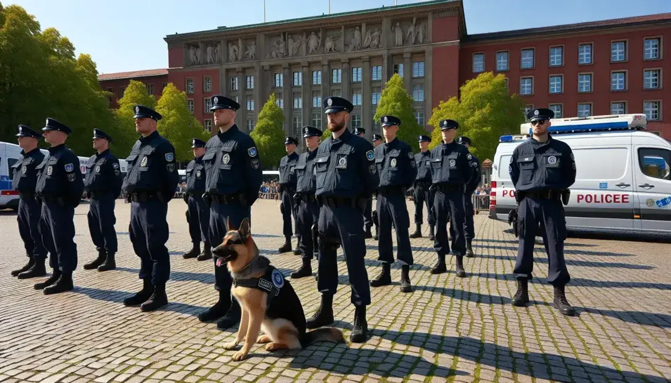 Grupo de uniformados en formación con perro pastor alemán y vehículo policial frente a edificio de ladrillos rojos, bajo cielo azul claro.
