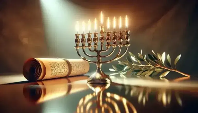 Menorah in metallo lucido su superficie riflettente con sfondo di rotolo di Torah sfocato e ramo d'olivo.
