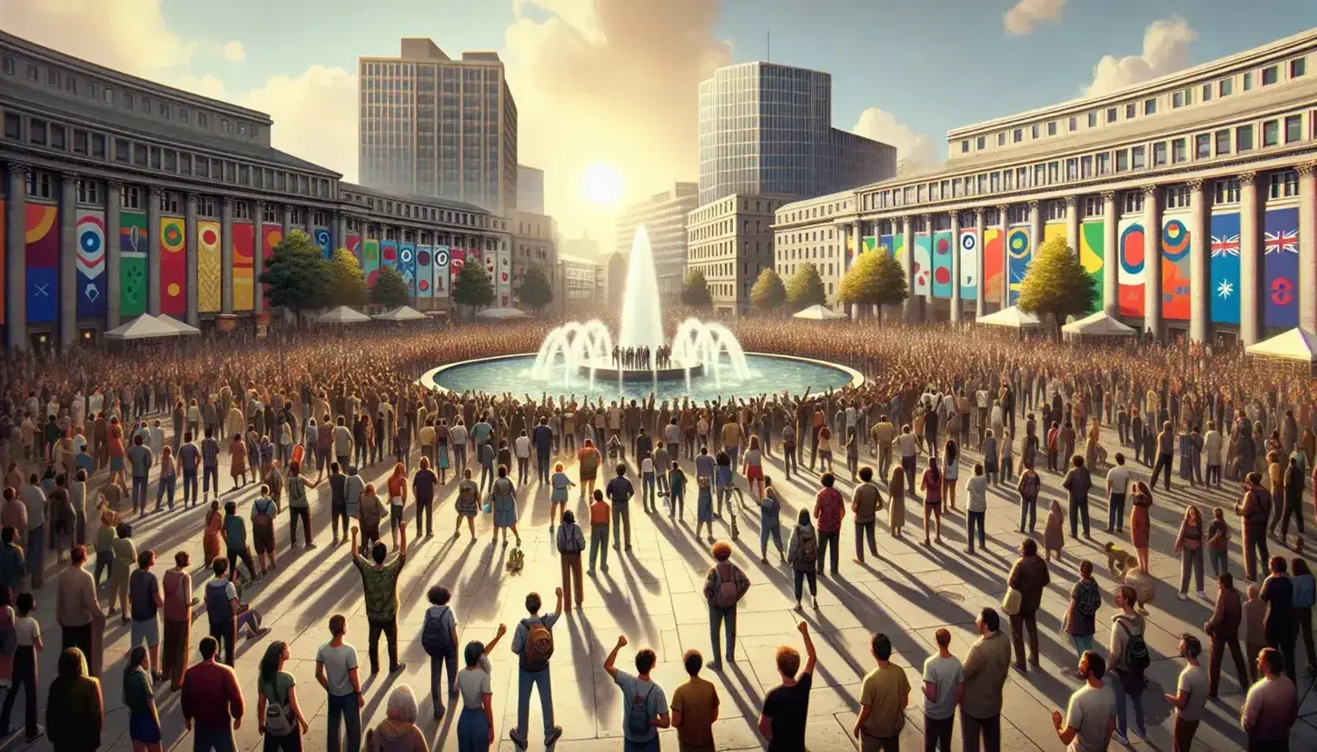 Concentración de personas diversas en plaza pública con fuente central, rodeada de edificios variados y árboles, bajo cielo azul con nubes dispersas.