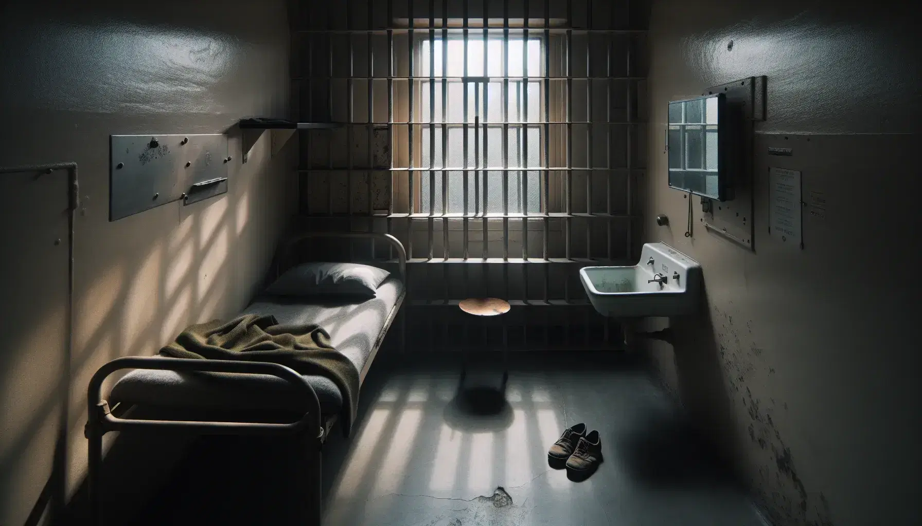 Celda de prisión con cama metálica y colchón gris, manta oliva desgastada, zapatos de lona y lavabo blanco, bajo luz natural suave.