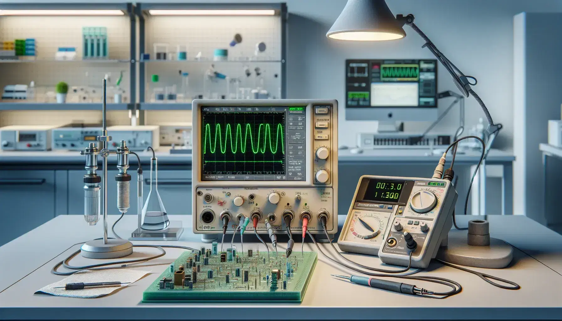 Laboratorio di bioingegneria con oscilloscopio, multimeter digitale, trasduttore di pressione e circuito elettronico su banco di lavoro.