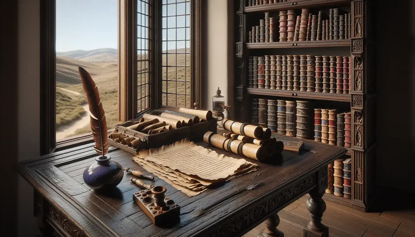 Estudio renacentista con mesa de madera oscura, pergaminos, pluma, tintero azul cobalto, estantería con libros encuadernados y ventana abierta con vistas a colinas.