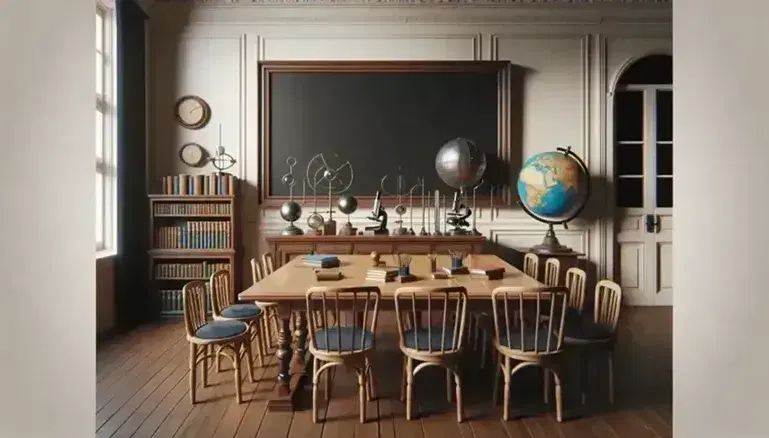 Aula clásica con mesa de madera, sillas con asientos azules, globo terráqueo, microscopio, figuras geométricas, pizarra negra, estantería con libros y ventana iluminada.