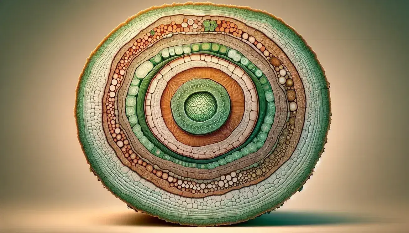 Corte transversal microscópico de tallo de planta mostrando tejidos de xilema, floema, cambium, parénquima y epidermis en tonos verdes y marrones.