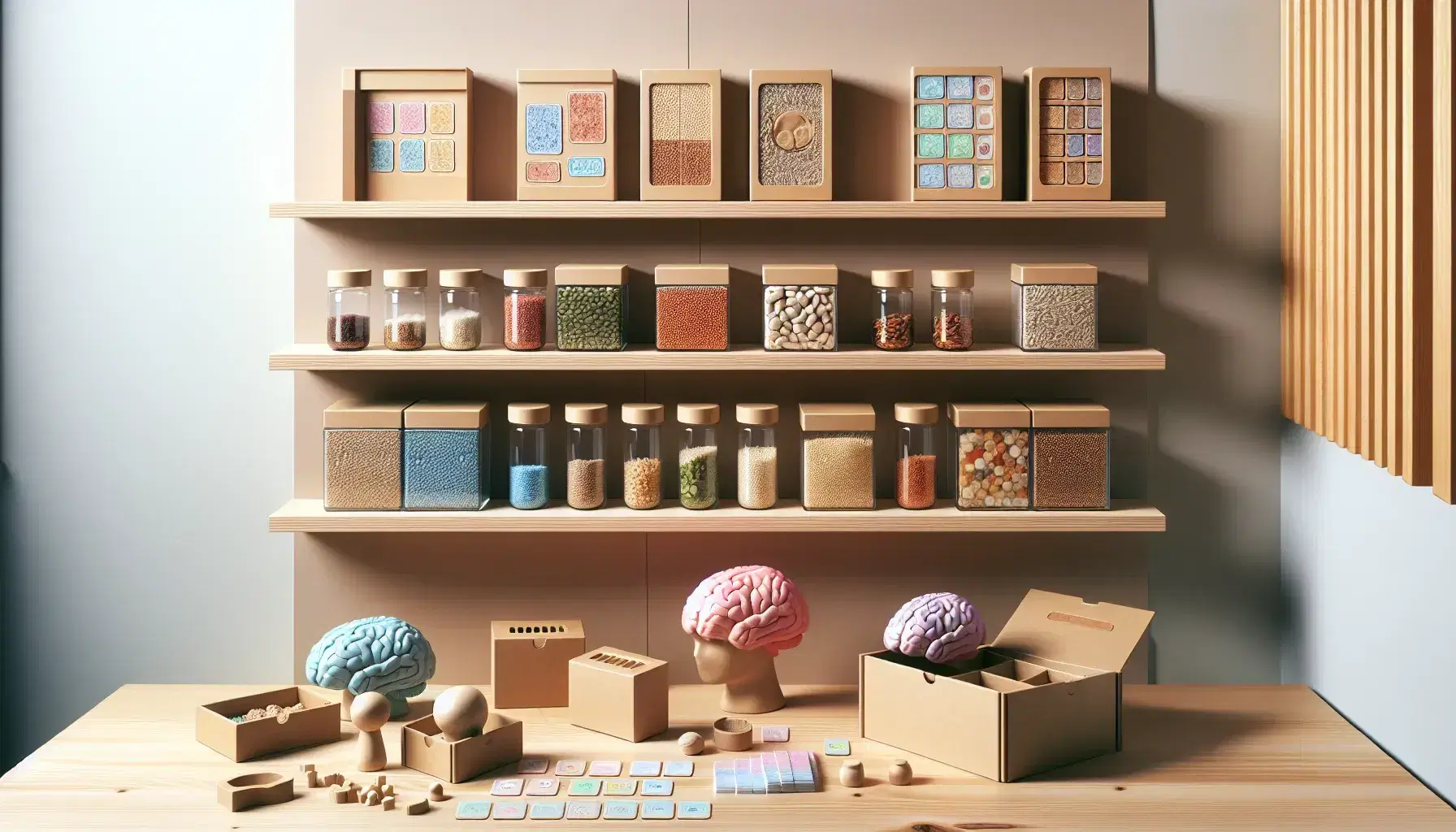Estantes de madera con frascos de semillas y granos de colores, cajas de cartón, modelos de cerebro humano y un rompecabezas parcialmente armado en una mesa.