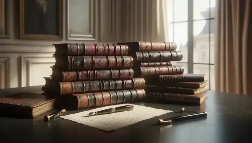 Libri antichi impilati su tavolo scuro con copertine in cuoio, angoli metallici ossidati, pagine ingiallite e penna stilografica accanto su foglio bianco.