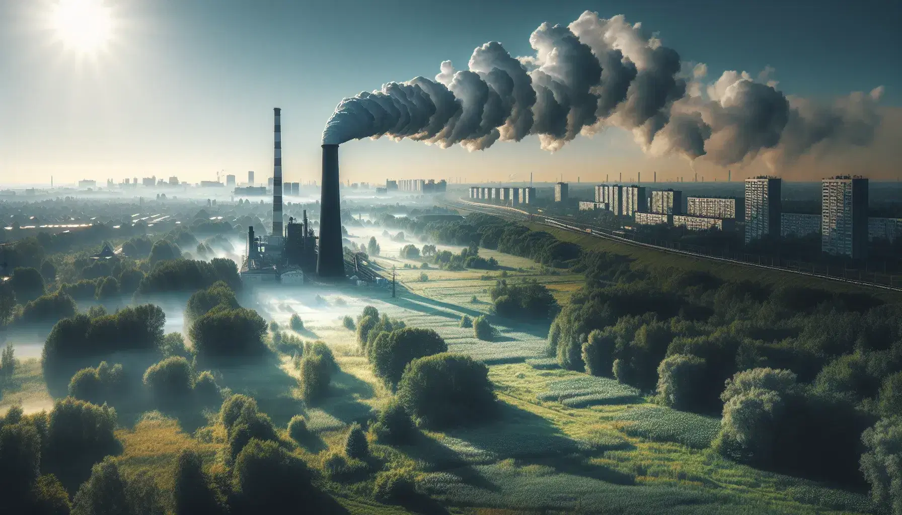 Chimenea industrial emite humo blanco en cielo azul sobre campo verde y bosque, con ciudad al fondo y reflejos solares en edificios.