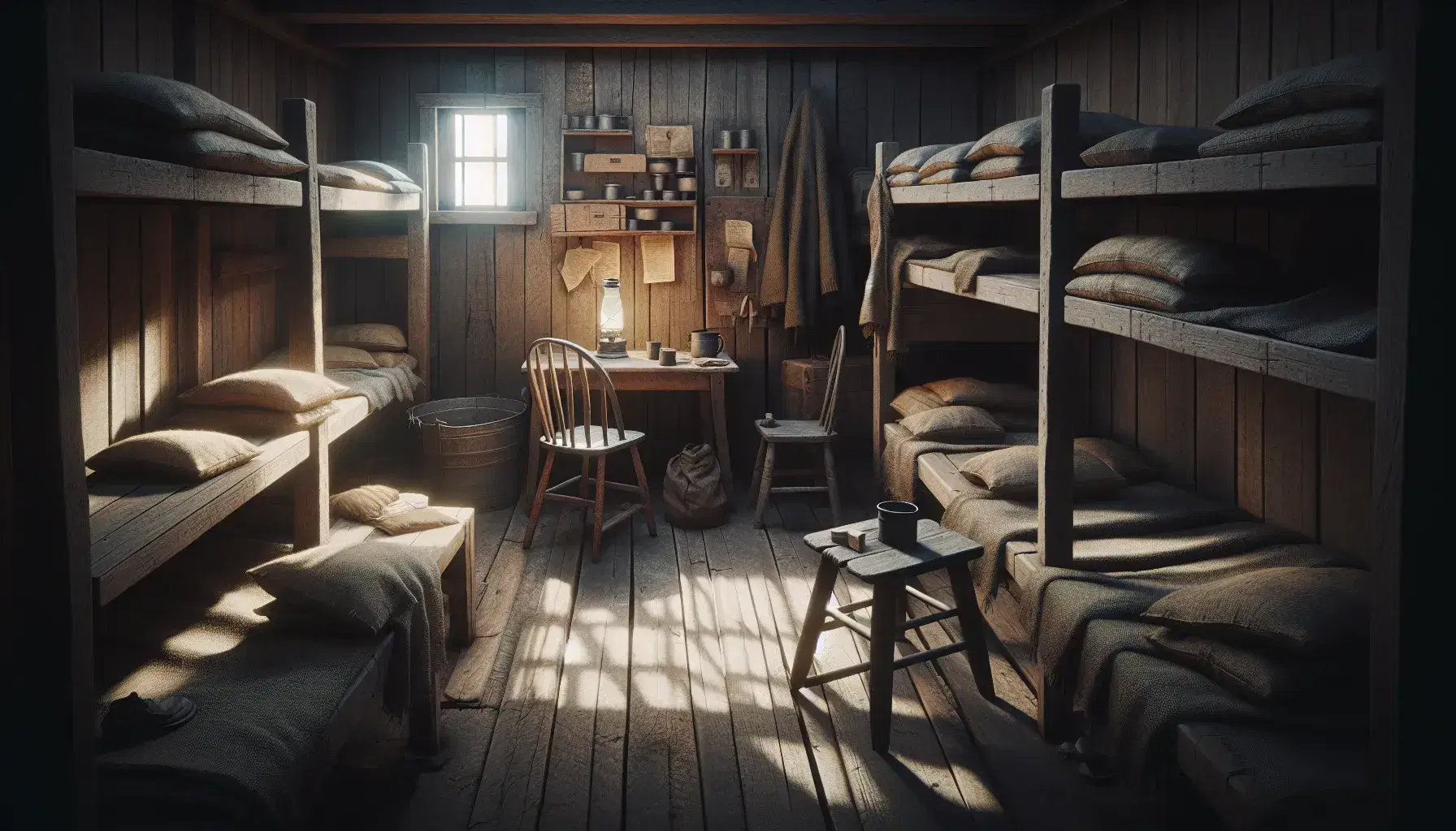 Dimly lit bunkhouse interior with wooden beds, rustic shelves, a table with playing cards, and a man sitting by an oil lamp.