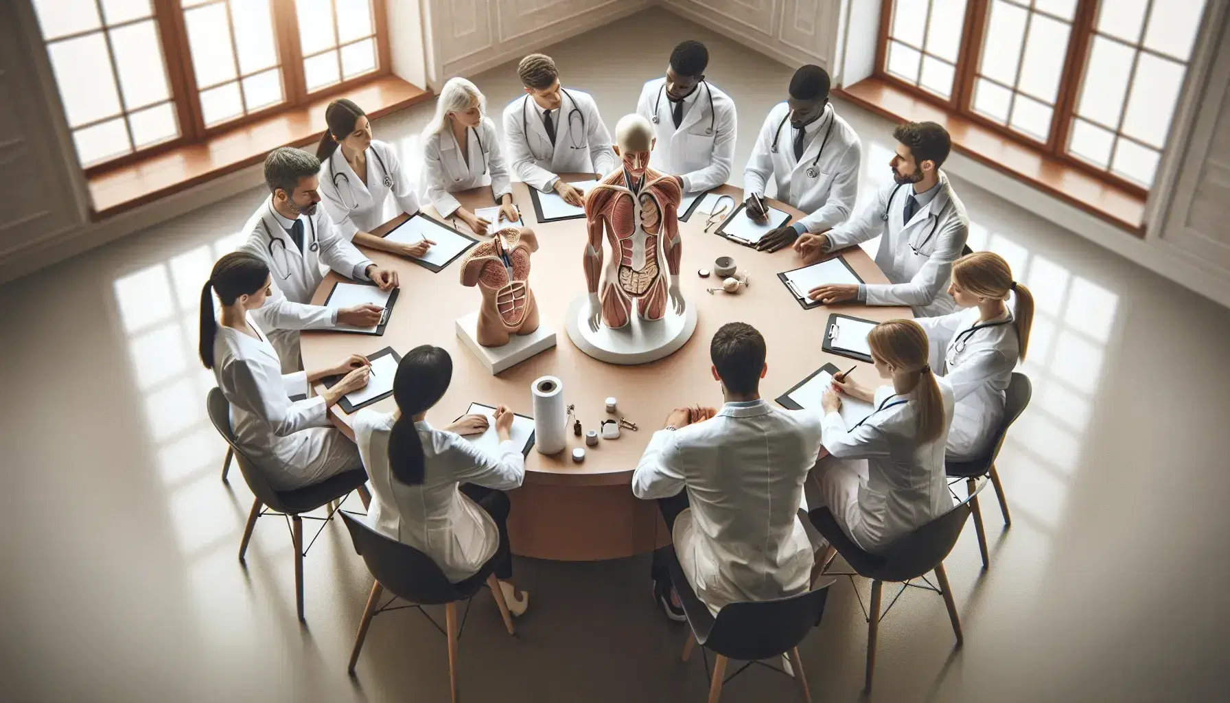 Gruppo di medici multietnici discute attorno a un tavolo con modello anatomico umano in una stanza illuminata naturalmente.
