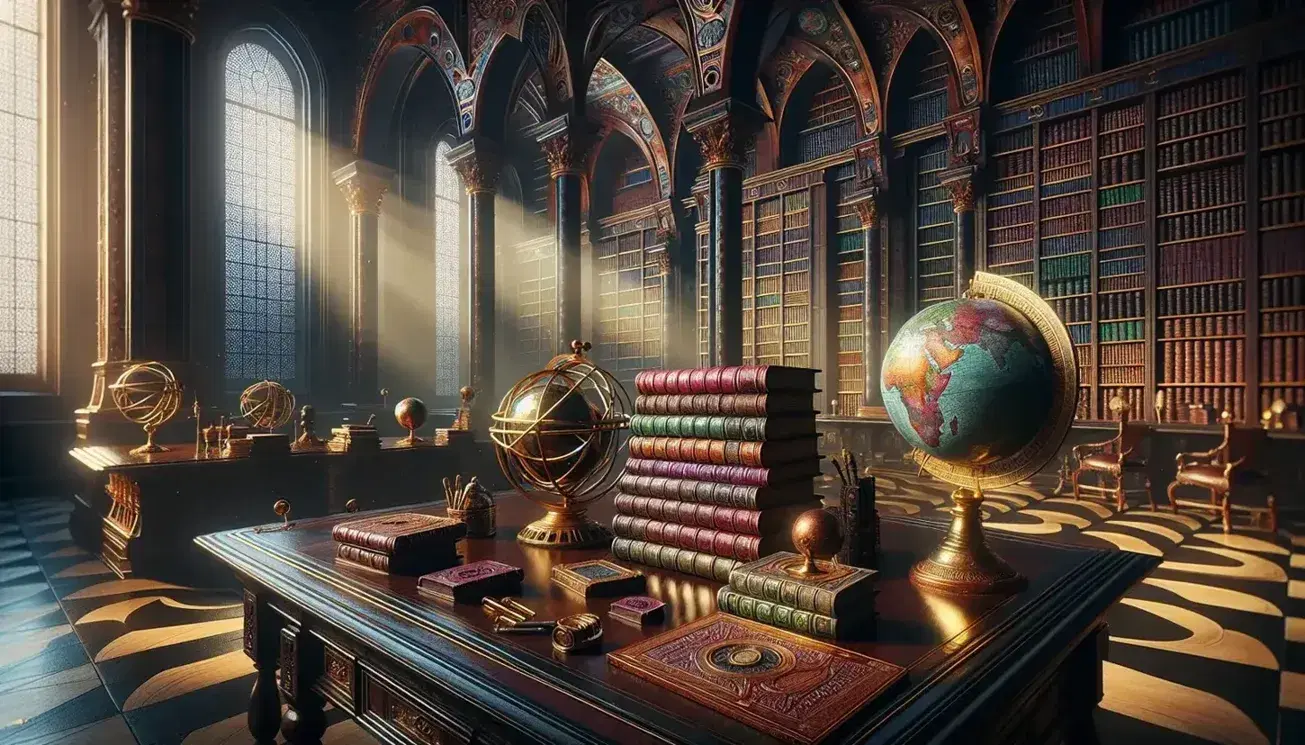 Biblioteca antica con scrivania in legno scuro, libri rilegati, sfera armillare in ottone e mappamondo, illuminata da una finestra ad arco.