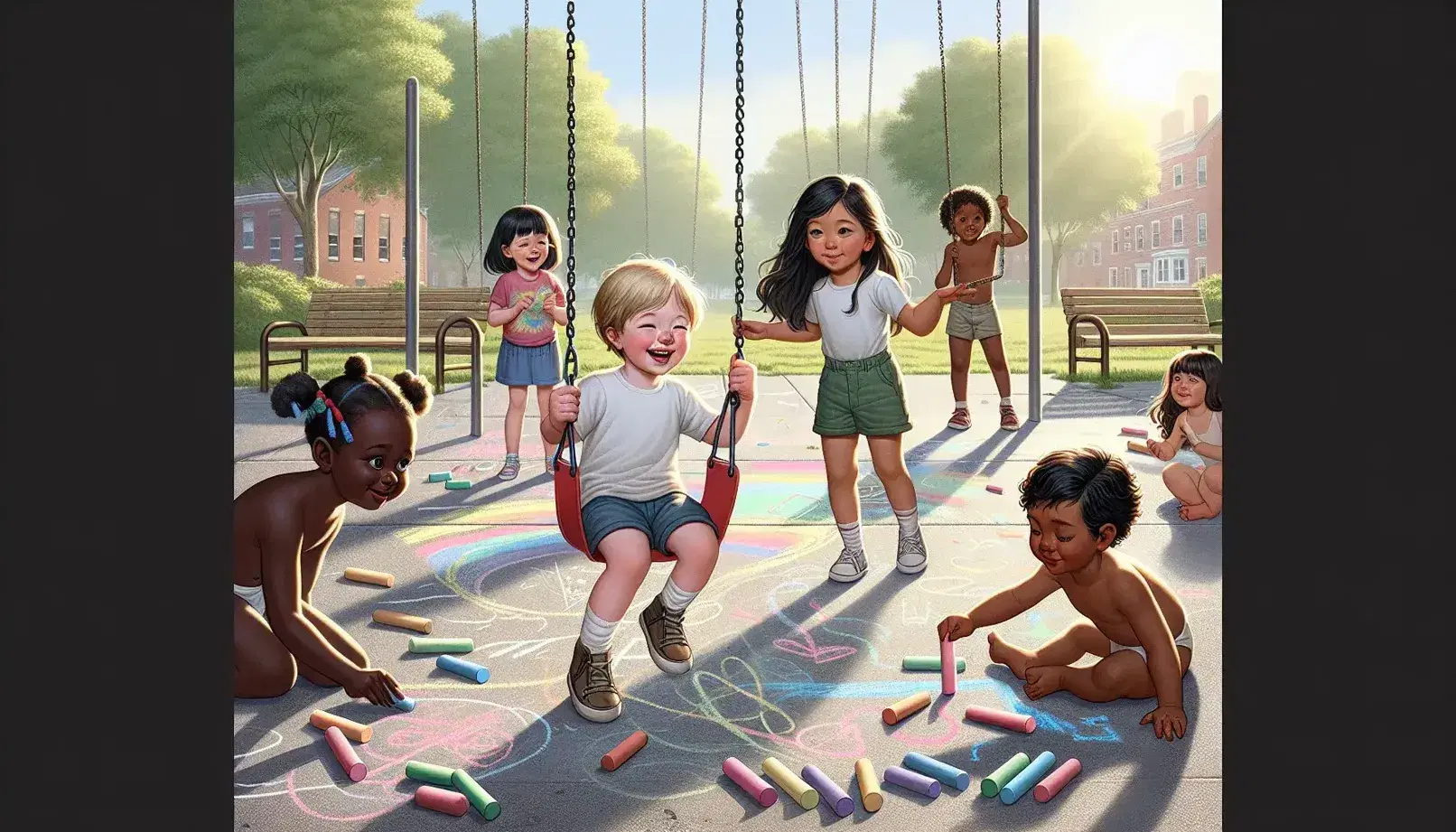 Bambini multietnici giocano in un parco soleggiato: uno sull'altalena, due disegnano con gessetti colorati, altri due sulla scivola.