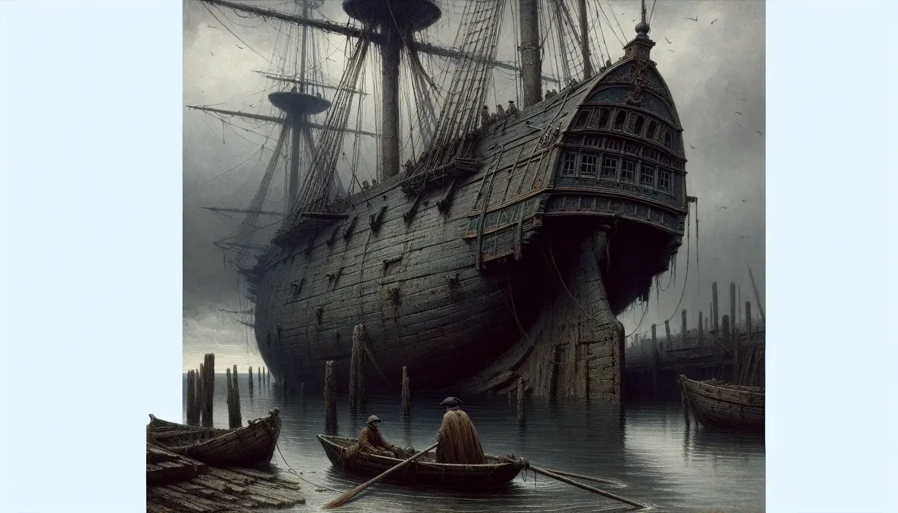 Two figures in period clothing row towards an abandoned wooden ship with bare masts and weathered hull in a calm, desolate harbor at twilight.