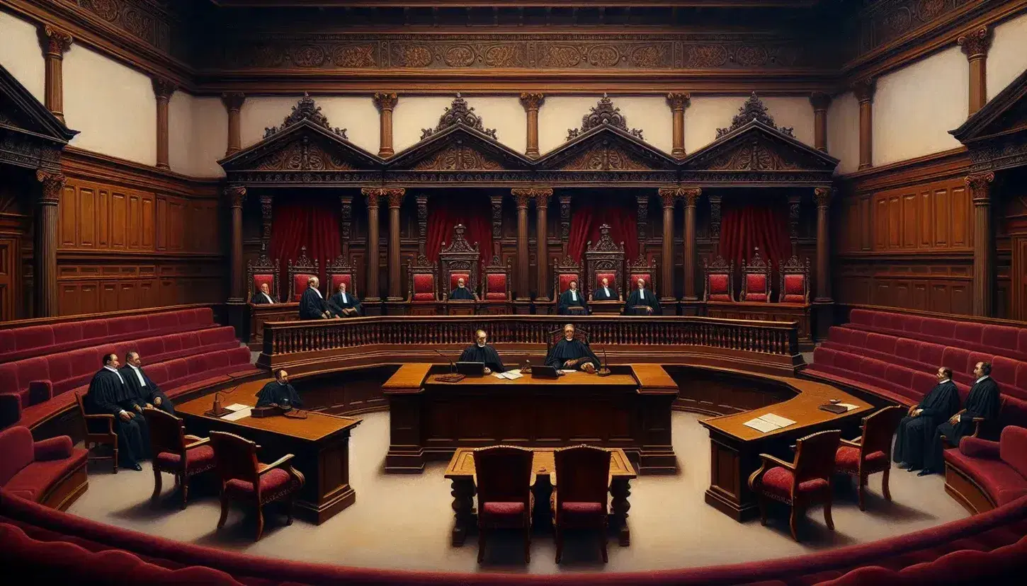 Elegant Spanish courtroom interior with a raised judges' bench upholstered in red velvet, a witness stand, and public gallery benches under arched windows.