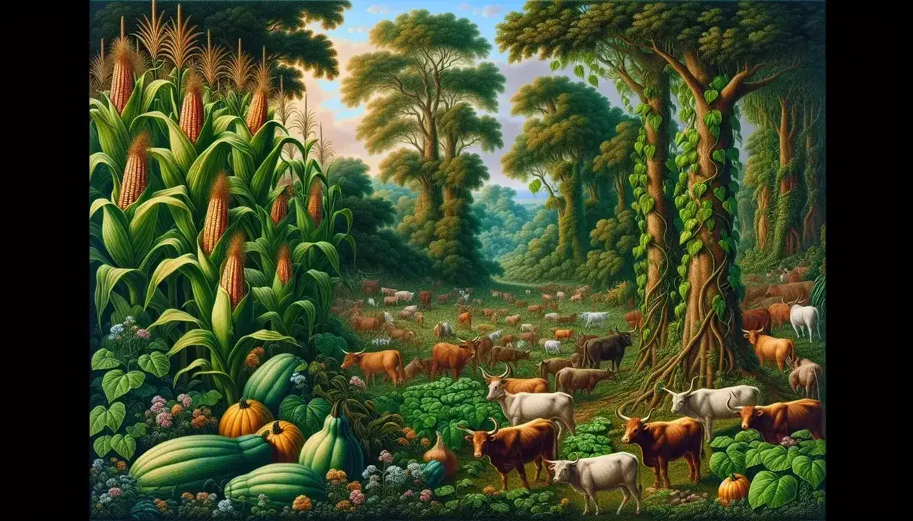 Lush New World landscape post-Columbian Exchange with maize, squash, beans, grazing European cattle and pigs, against a mixed forest backdrop.