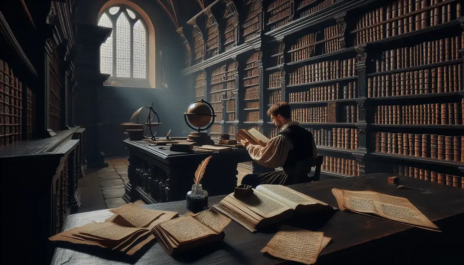 Biblioteca antica con scaffali di legno e libri rilegati in pelle, tavolo centrale con libri aperti, penna e calamaio, figura umana in abiti rinascimentali legge assorta.