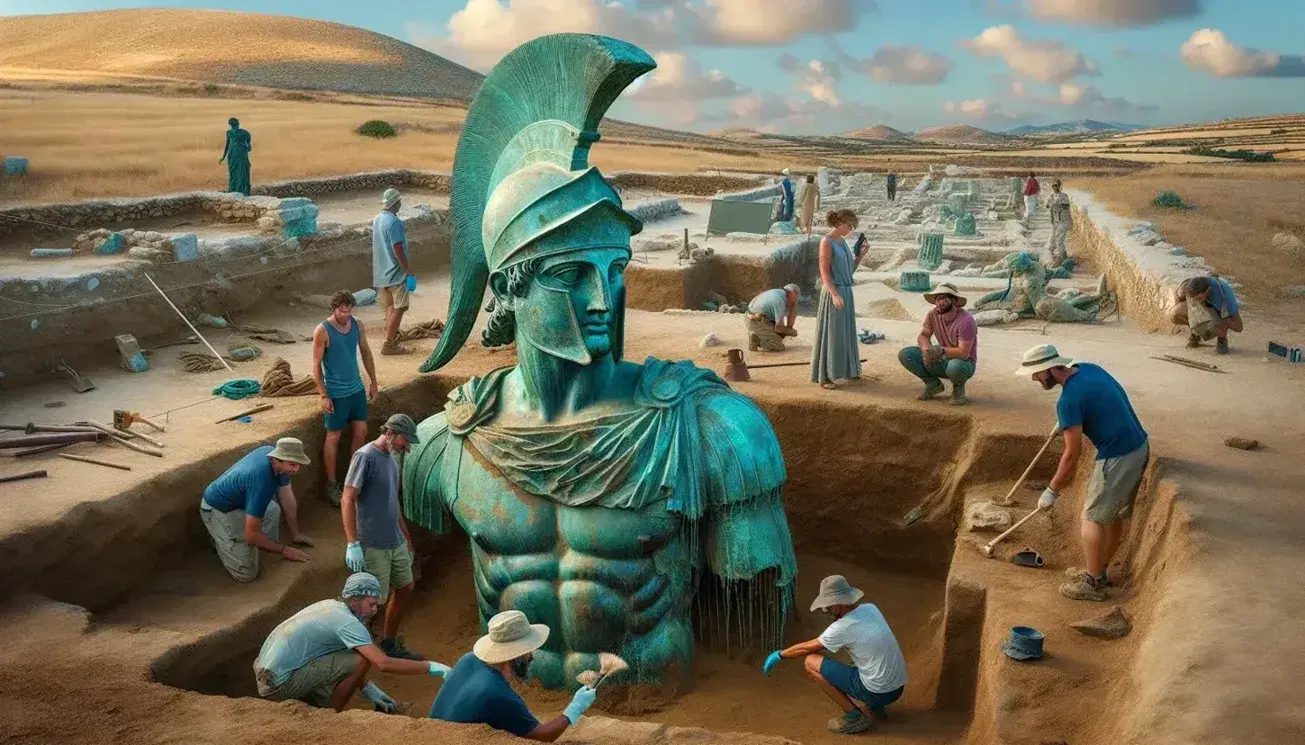 Scavo archeologico in Grecia con statua di bronzo di guerriero con elmo corinzio, circondata da archeologi al lavoro.
