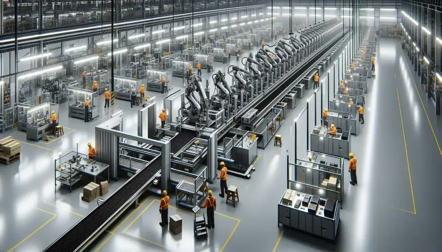 Vista aérea de planta industrial con línea de ensamblaje automatizada, brazos robóticos, trabajadores con equipo de seguridad y estanterías con componentes.