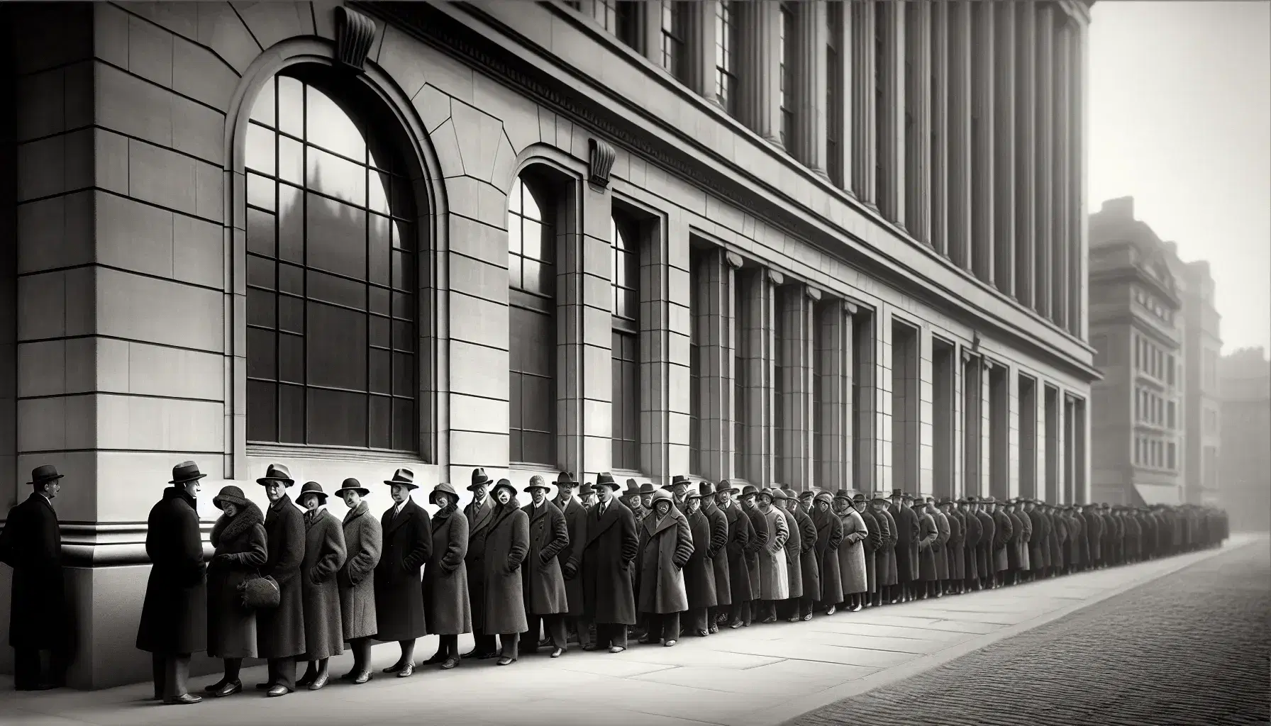 Line of people in period clothes in front of a 1930s bank, overcast sky, atmosphere of expectation and resignation.