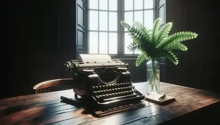 Macchina da scrivere vintage su tavolo in legno scuro accanto a vaso di vetro con pianta verde, illuminata da luce naturale da finestra aperta.