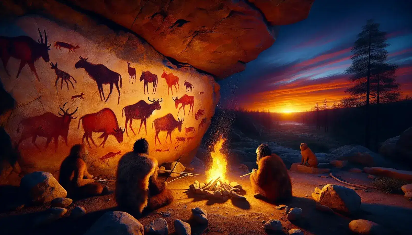 Paesaggio preistorico al tramonto con tre umani intorno a un fuoco e pitture rupestri di animali su una parete rocciosa, senza testo visibile.