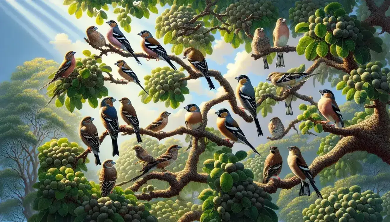 Pinzones de diversas especies posados en ramas de un árbol frondoso, con picos variados y plumaje en tonos marrones, grises y negros, bajo un cielo azul.