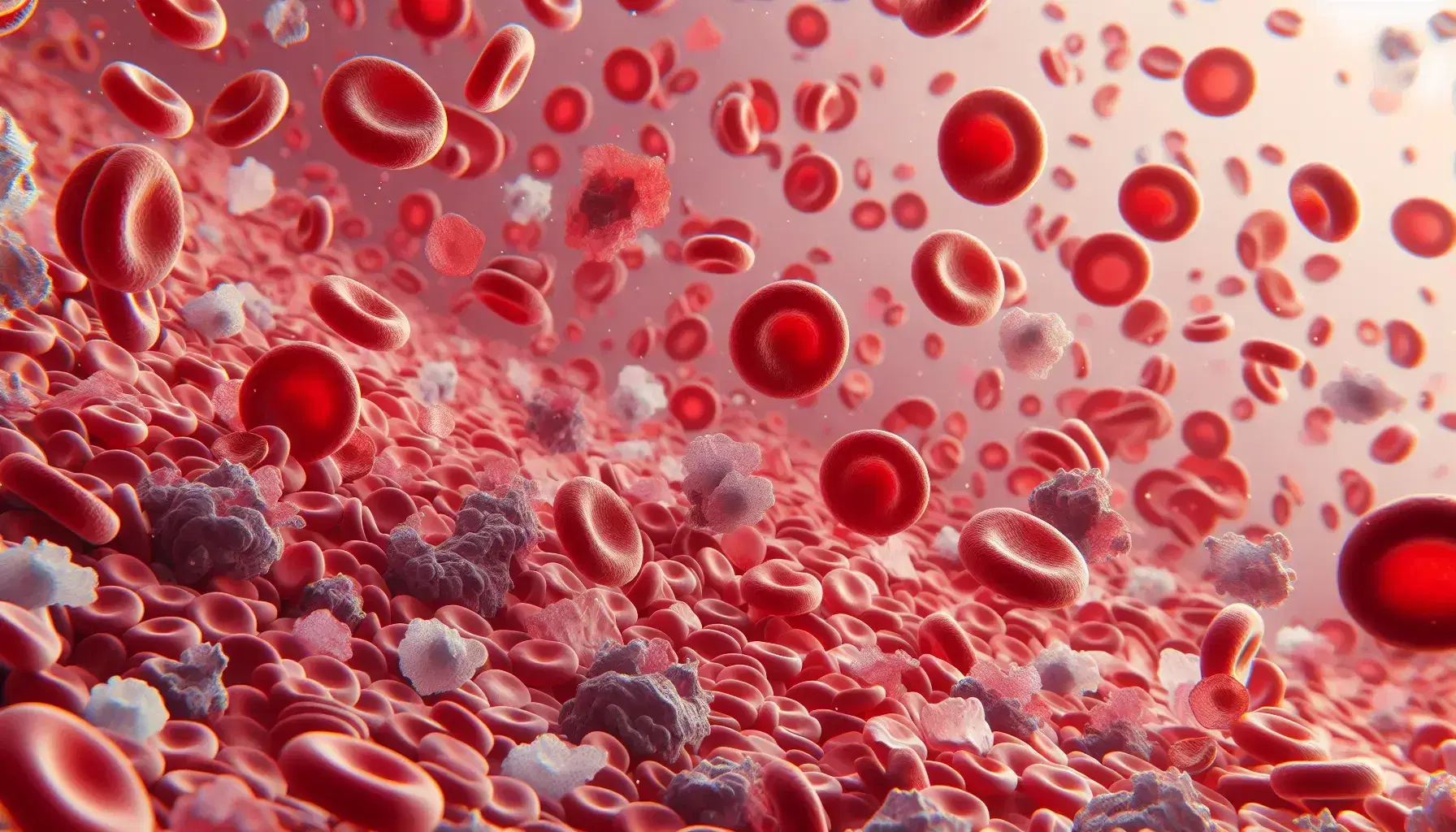 Vista microscópica de células sanguíneas humanas con glóbulos rojos en forma de disco bicóncavo, glóbulos blancos con núcleos irregulares y pequeñas plaquetas.