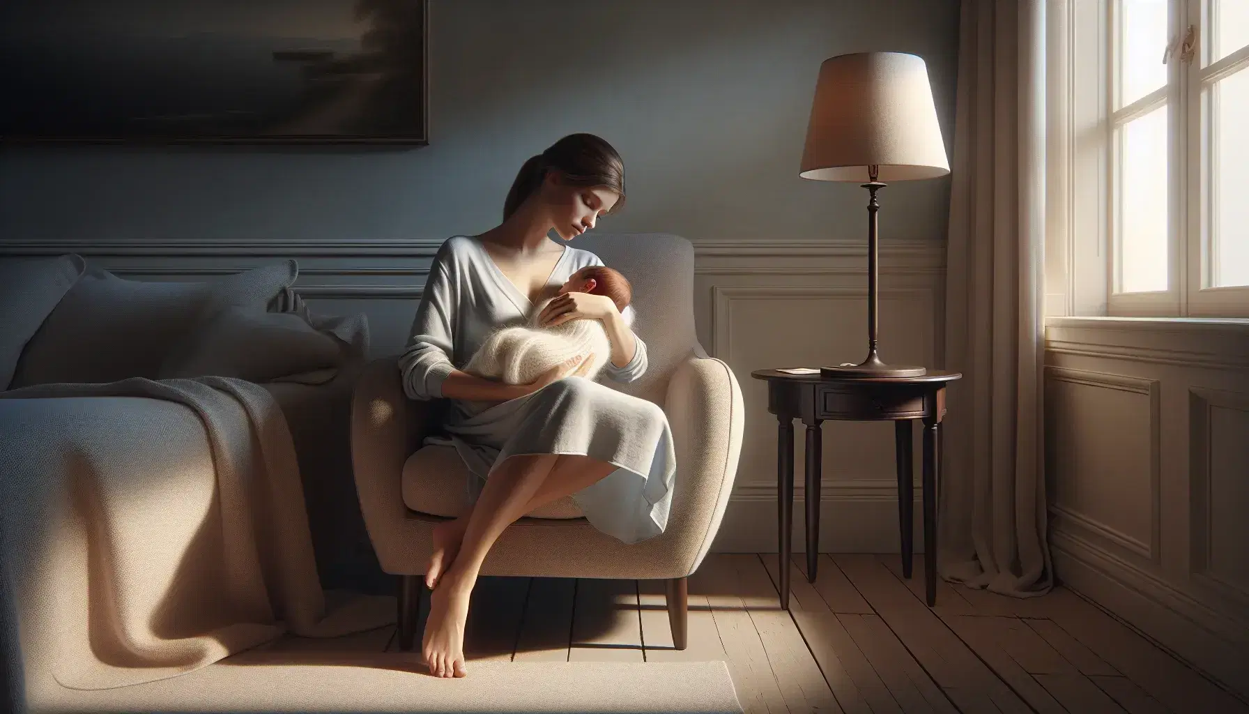 Madre tenera abbraccia neonato avvolto in coperta bianca su poltrona beige in stanza illuminata dolcemente.