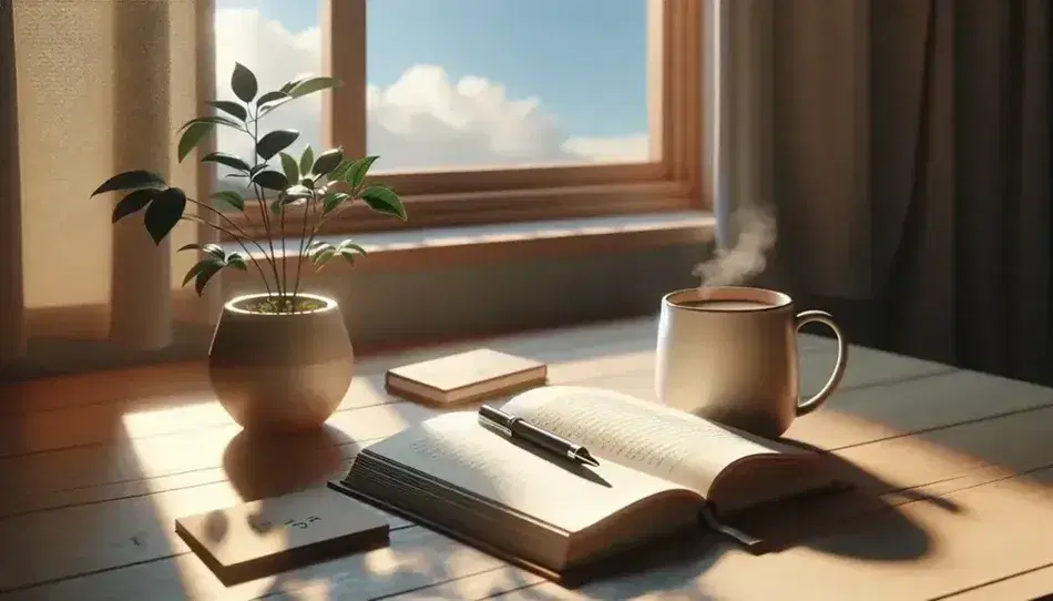 Mesa de madera clara con libro abierto, pluma negra, taza de bebida caliente y planta pequeña, junto a ventana con luz natural y cielo azul.